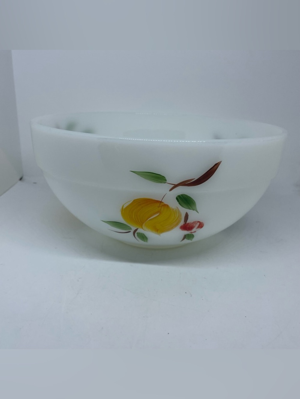 Fire King White Milk Glass Mixing Bowl with Fruit pattern